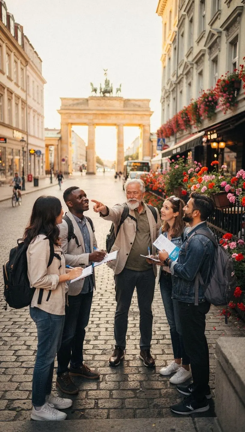 Historische Altstadt mit geführter Wandergruppe und gedrucktem Routenplan für eine umfassende Stadterkundung in Deutschland